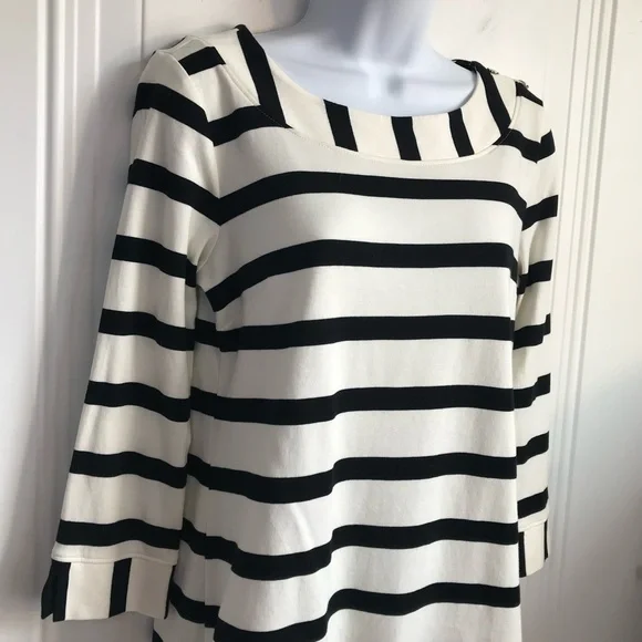 🔴 4/$15 Talbots Women’s S Black & Ivory Stripe Cotton 3/4 Sleeve Knit Top in EUC - Picture 6 of 14